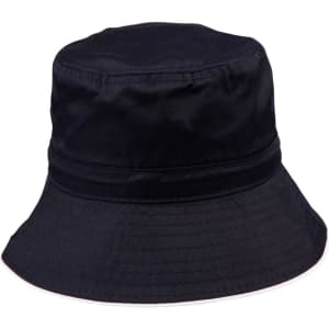 A black bucket hat with a wide brim and a toggle for adjustment, featuring a simple design.