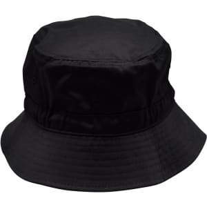 A black bucket hat with a toggle, featuring a wide brim and a structured top. It has a logo on the side.