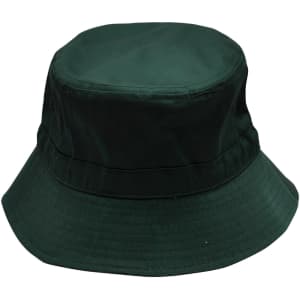 A dark green bucket hat featuring a wide brim and a toggle for adjustment. The hat includes a logo.