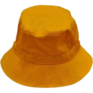 A yellow bucket hat with a toggle, featuring a wide brim and a simple design. It has a logo on one side.