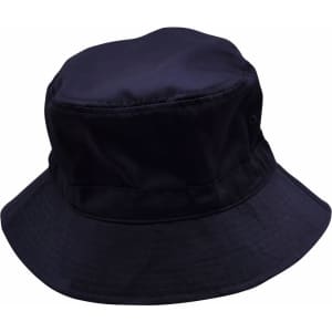 A black bucket hat with a toggle and a wide brim, featuring a small logo.