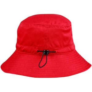 A red bucket hat with a toggle adjustment at the back, featuring a wide brim. It has an attached logo.