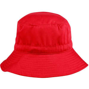A red bucket hat with a wide brim and a toggle, featuring a simple, unembellished design.