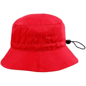 A red bucket hat with a toggle, featuring a wide brim and ventilation holes. The hat has a branding logo.