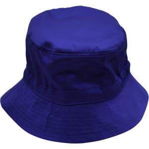 A blue bucket hat with a toggle, featuring a wide brim. The hat has a smooth finish and includes a logo.