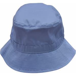 A light blue bucket hat with a toggle and a brim. Features a logo on the side.