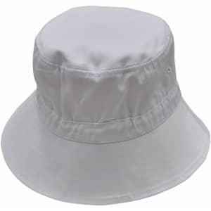 A white bucket hat with a toggle, featuring a wide brim and a structured crown, includes a branding logo.