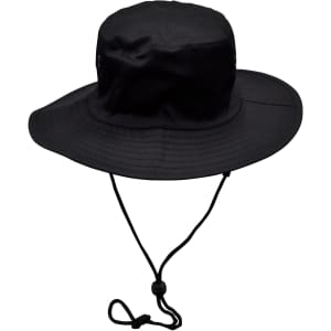 A black surf hat with a wide brim and a clip-on chin strap, featuring ventilation eyelets.