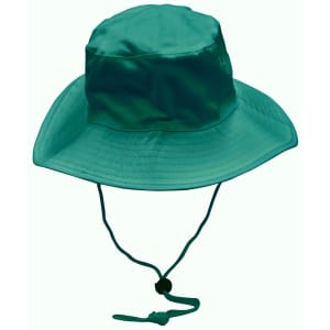 A green surf hat with a wide brim and a clip-on chin strap. It features a logo on the side.