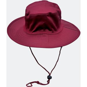 A maroon surf hat with a wide brim and a clip-on chin strap. It features a logo on the side.