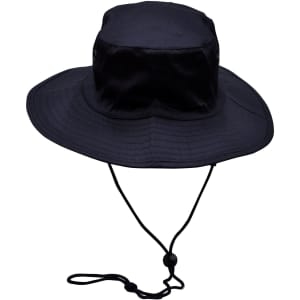 A navy blue surf hat with a wide brim and a clip-on chin strap, featuring buttons on the side.