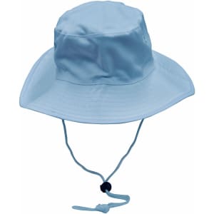 A light blue surf hat with a wide brim and a clip-on chin strap, featuring a logo.