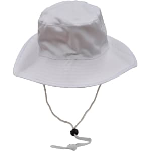 A white surf hat featuring a clip-on chin strap and a wide brim, designed for outdoor use.