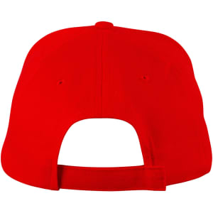 A bright red kids' brushed cotton cap featuring an adjustable strap and a logo on the back.