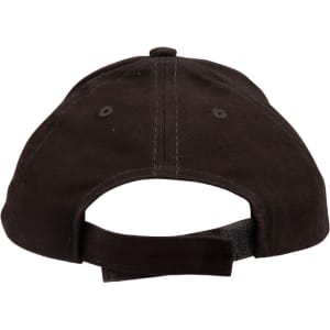 A kids’ brushed cotton cap in dark brown with a rear adjustable strap and ventilation holes. Features a logo.