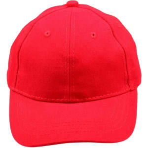 A red brushed cotton cap with a classic design, featuring an adjustable strap at the back and a logo.