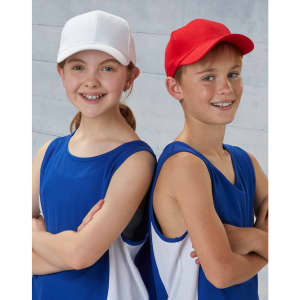 A red and a white brushed cotton cap, displayed on two smiling children wearing blue sports tops.