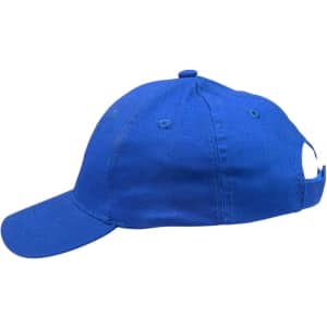 A blue brushed cotton cap with a curved brim and an adjustable strap at the back. It features a logo.