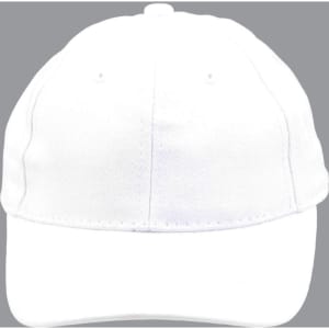A white brushed cotton cap featuring a curved brim and an adjustable strap at the back. It has a logo on the front.