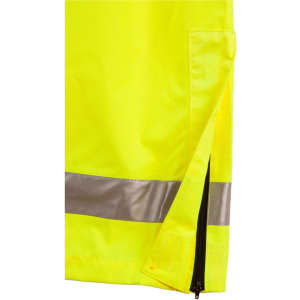 Hi-Vis safety pant in bright yellow with reflective 3M tape detailing and zippered sides. Features a logo.