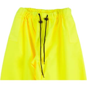 Hi-vis yellow safety pants featuring an elastic waistband and drawstring, designed for enhanced visibility and safety.