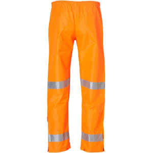 Hi-Vis safety pants in bright orange, featuring reflective 3M tape stripes for enhanced visibility and safety.