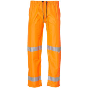 Hi-Vis safety pants in bright orange with reflective 3M tape details. Features an elastic drawstring waist and logo branding.