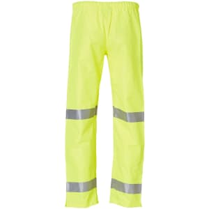Hi-Vis safety pants in bright yellow featuring reflective 3M tape stripes. Includes an elastic waistband and has branding.