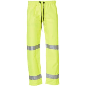 Hi-Vis yellow safety pants featuring reflective 3M tape, designed for high visibility and safety.