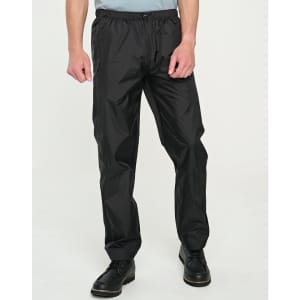 Lightweight black nylon waterproof rain pants with an elastic waistband and side pockets, featuring a logo.