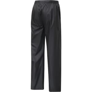 Lightweight nylon rain pants in black, featuring an elastic waistband and a simple design. Includes a visible logo.