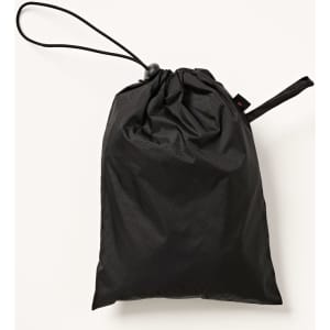 A black drawstring bag made of lightweight nylon, designed for waterproof storage. It features a logo on the side.
