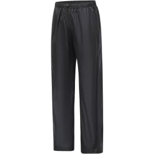 Lightweight nylon waterproof rain pants in black with an elastic waistband and a simple design. Features a logo.