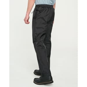 Black lightweight nylon waterproof rain pants with an elastic waist and side pockets, featuring a logo.