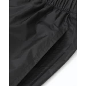 Lightweight nylon waterproof rain pants in black, featuring an elastic waistband and a smooth finish.