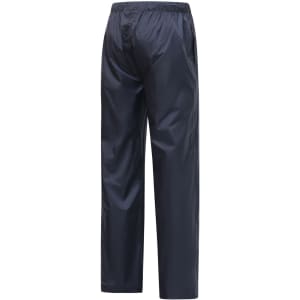 Lightweight nylon waterproof rain pants in navy blue, featuring an elastic waistband and two side pockets.
