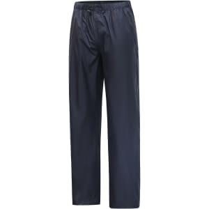 Lightweight nylon waterproof rain pants in navy blue with an elastic waistband and a smooth finish.