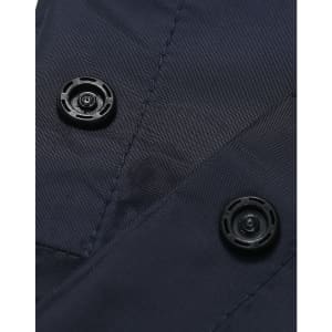 Close-up of navy nylon fabric featuring black buttons, part of waterproof rain pants.
