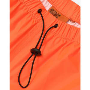 Lightweight nylon waterproof rain pants in bright orange with an adjustable waistband drawstring. Features a logo.