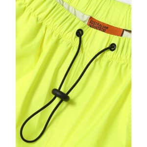 Bright yellow lightweight nylon waterproof rain pants with an adjustable drawstring waistband and branding tag.