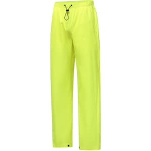 Lightweight nylon waterproof rain pants in bright yellow. Features an elastic waistband and a drawstring for adjustment.