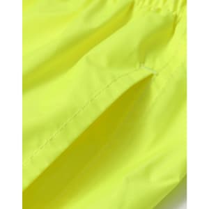 Bright yellow waterproof rain pants with an elastic waistband and side pockets. Featuring a smooth nylon texture.