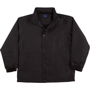 A black varsity jacket featuring a button-up front, side pockets, and elastic cuffs. Includes a logo.