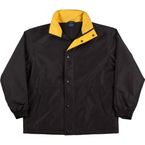 A black varsity jacket with a yellow collar, featuring buttons and elastic cuffs, and a logo on the inside.