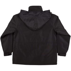 A black contrast jacket with a hood, featuring a branded logo. The design includes adjustable cuffs and a relaxed fit.