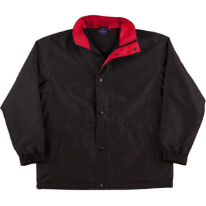 A black varsity jacket with a red collar, featuring a front snap closure and elasticated cuffs.