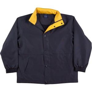 A black and yellow varsity jacket featuring a contrast collar and snap closures. It has two front pockets and elasticized cuffs.