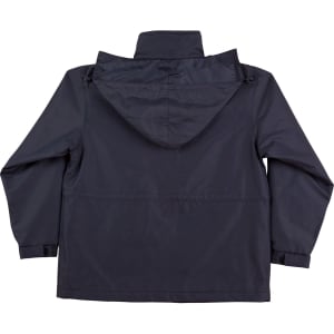 A navy jacket with a hood, featuring a simple design and a logo on the back.
