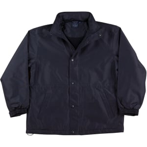 A black varsity jacket with a collar, shoulder details, and a snap button front closure. Features a logo.