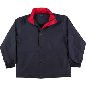 A black varsity jacket with a red collar, featuring a logo and snap-button front closure.
